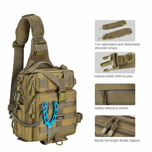 Tactical sling bag with features including adjustable straps and KAM buckle.