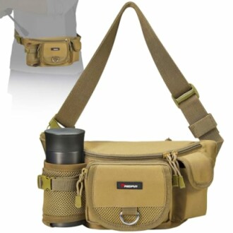 Khaki tactical waist bag with multiple pockets and bottle holder.