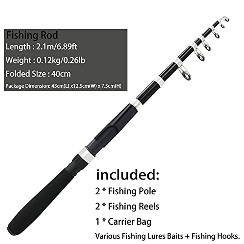 Telescopic fishing rod with specifications and included items.