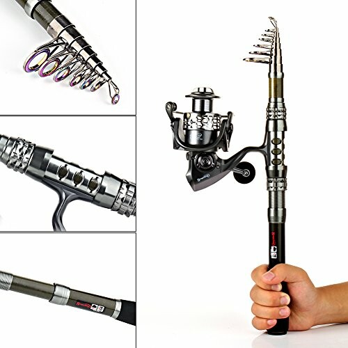 Collage of a telescopic fishing rod with reel and hand grip.