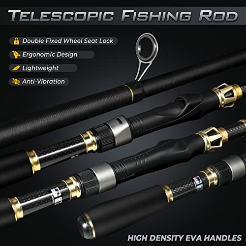 Telescopic fishing rod with features: double fixed wheel seat lock, ergonomic design, lightweight, anti-vibration, high density EVA handles.