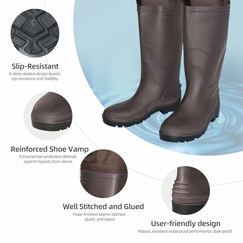 Brown waterproof boots with slip-resistant, reinforced shoe vamp, and well-stitched design.