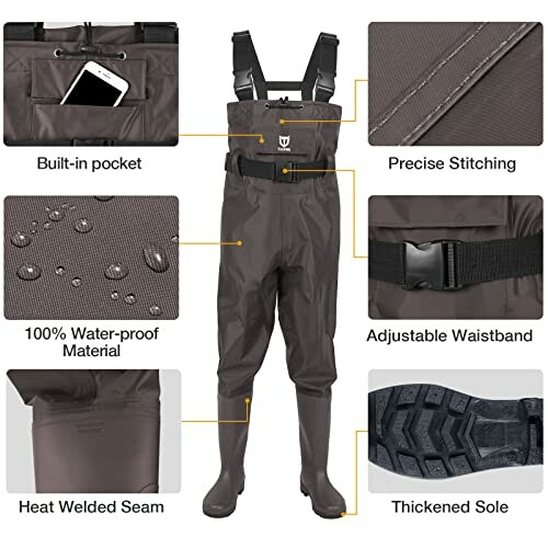 Diagram of waterproof waders highlighting features like built-in pocket, precise stitching, 100% waterproof material, adjustable waistband, heat welded seam, and thickened sole.