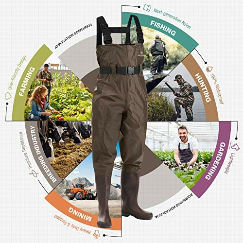 Waterproof waders with various application scenarios including fishing, farming, and gardening.