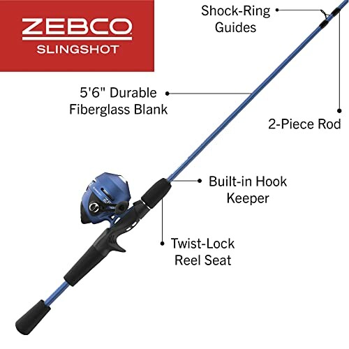 Zebco Slingshot 5'6 durable fiberglass 2-piece fishing rod with built-in hook keeper and twist-lock reel seat.