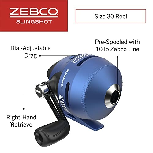 Zebco Slingshot fishing reel with dial-adjustable drag and pre-spooled 10 lb line.